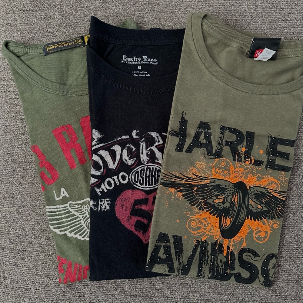 Set Of 3 Ladies Motorcycle Tees-Harley-Davidson, Johnson Motors, Lucky Brand